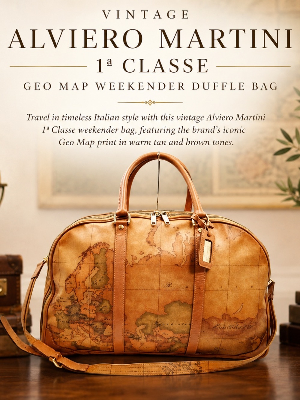 Alviero Martini 1ª Classe Tan Geo Map Weekender Duffle Bag